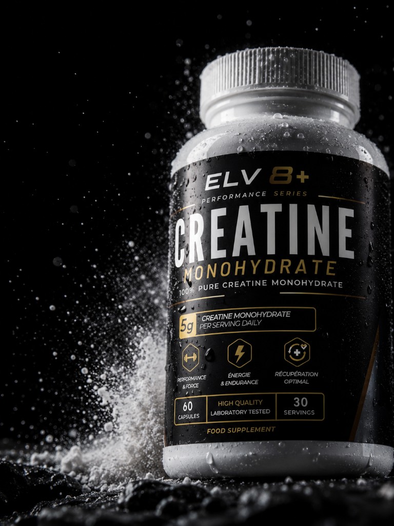 ELV8+ Performance Series bottle with water droplets and powder